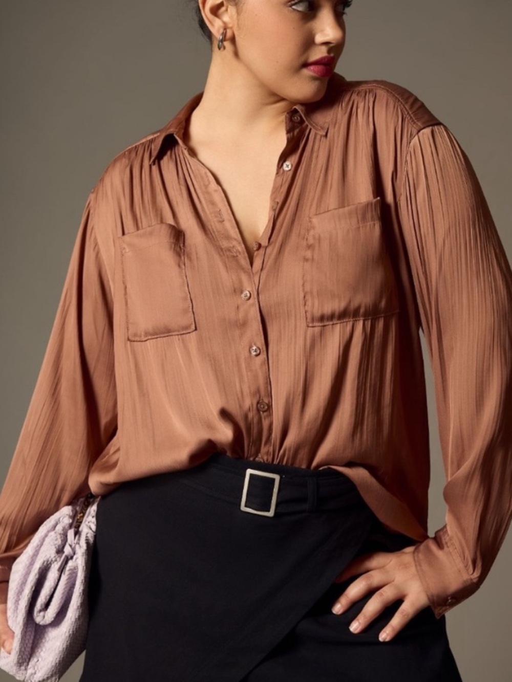 Anthropologie brown silky button down blouse shirt top Size XL